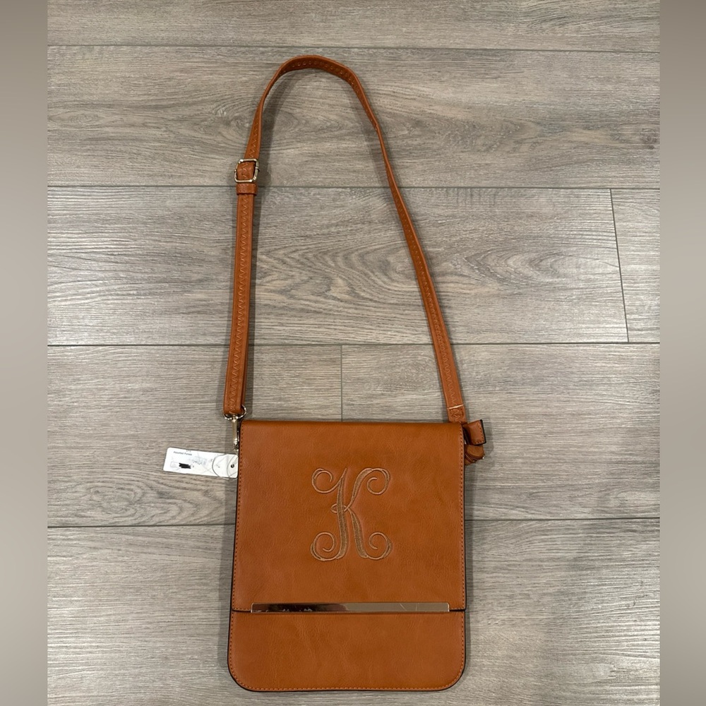 NWT Empire New York Crossbody Brown “K” Embroidered Bag with Adjustable Strap